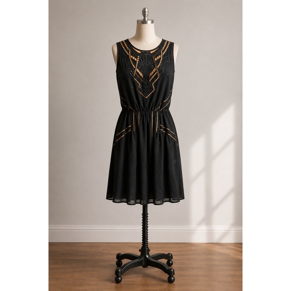 Greylin Black Beaded Art Deco Mini Dress Sleeveless Elastic Waist Womens‎ Small